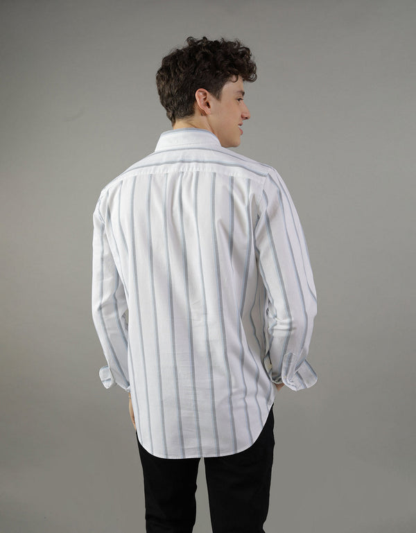 Camisa Slim de Rayas Manga Larga Hombre AE - Blanco
