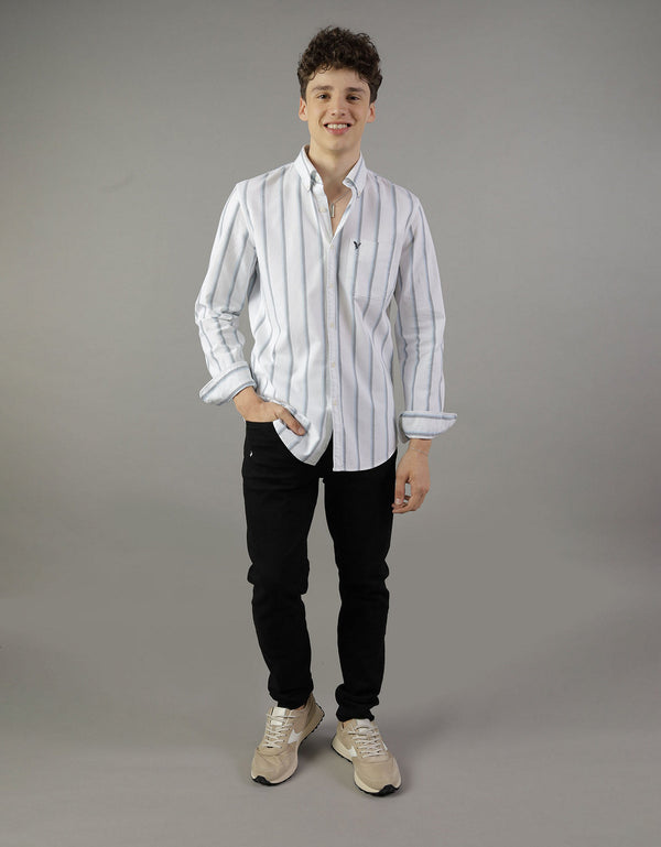 Camisa Slim de Rayas Manga Larga Hombre AE - Blanco