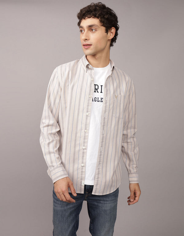 Camisa Slim de Rayas Manga Larga Hombre AE - Caqui