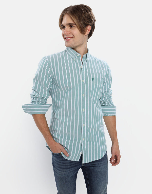 Camisa Slim de Rayas Manga Larga Hombre AE - Verde