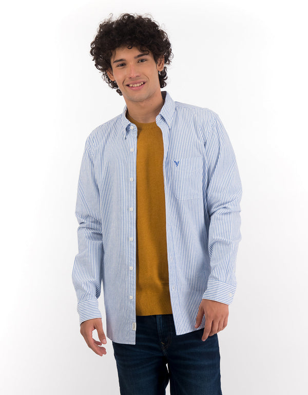 Camisa Slim de Rayas Manga Larga Hombre AE - Azul