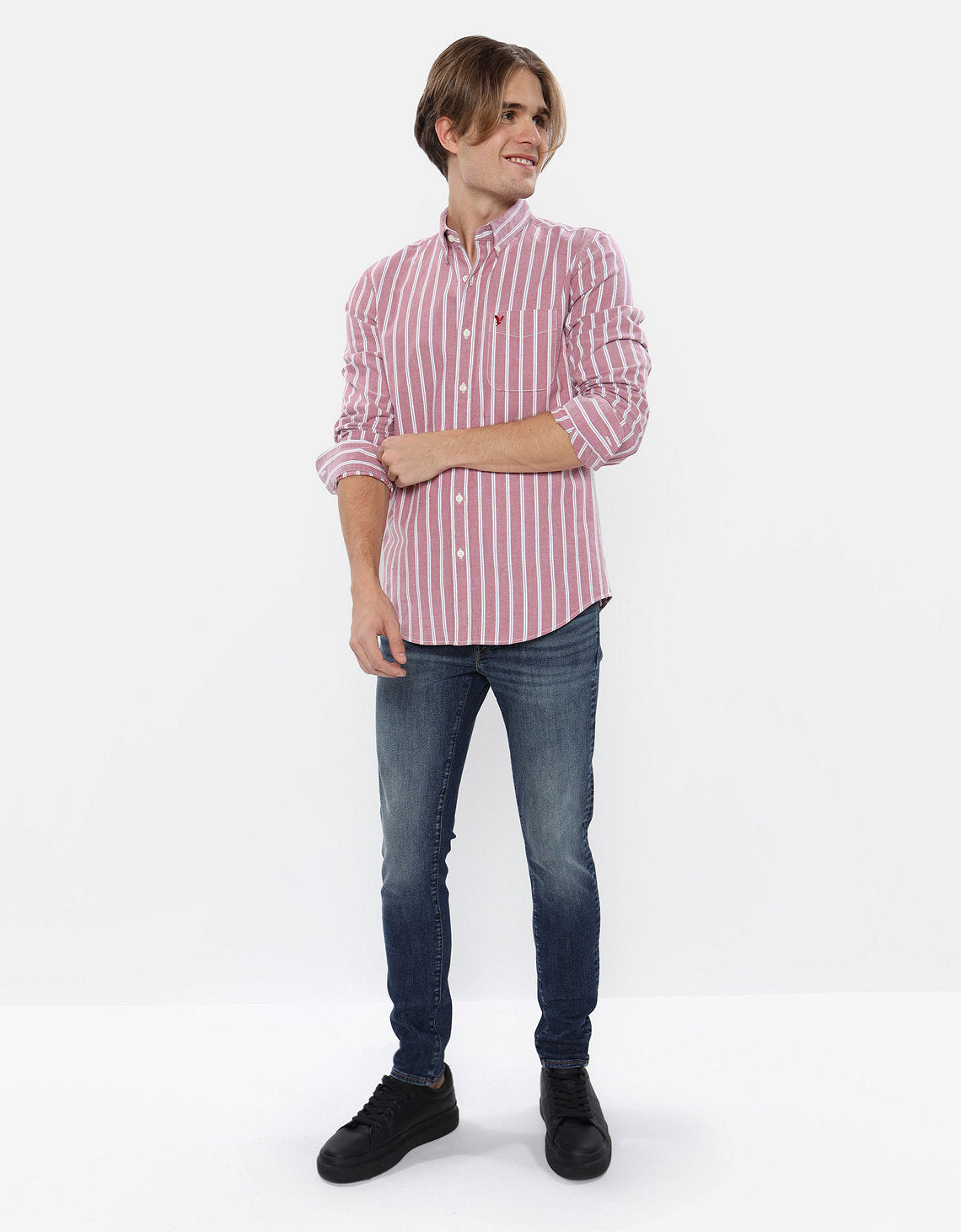 Camisa Slim de Rayas Manga Larga Hombre AE - Rojo 0153_2103_620_of