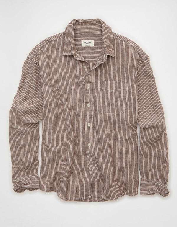 Camisa de lino con ajuste relajado y botones - Café