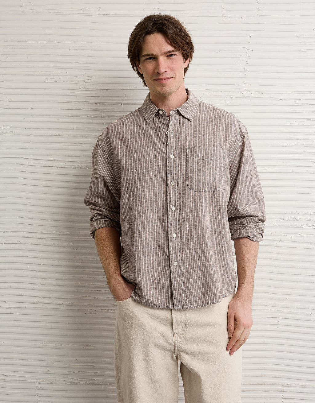 Camisa de lino con ajuste relajado y botones - Café 0153_3087_200_of