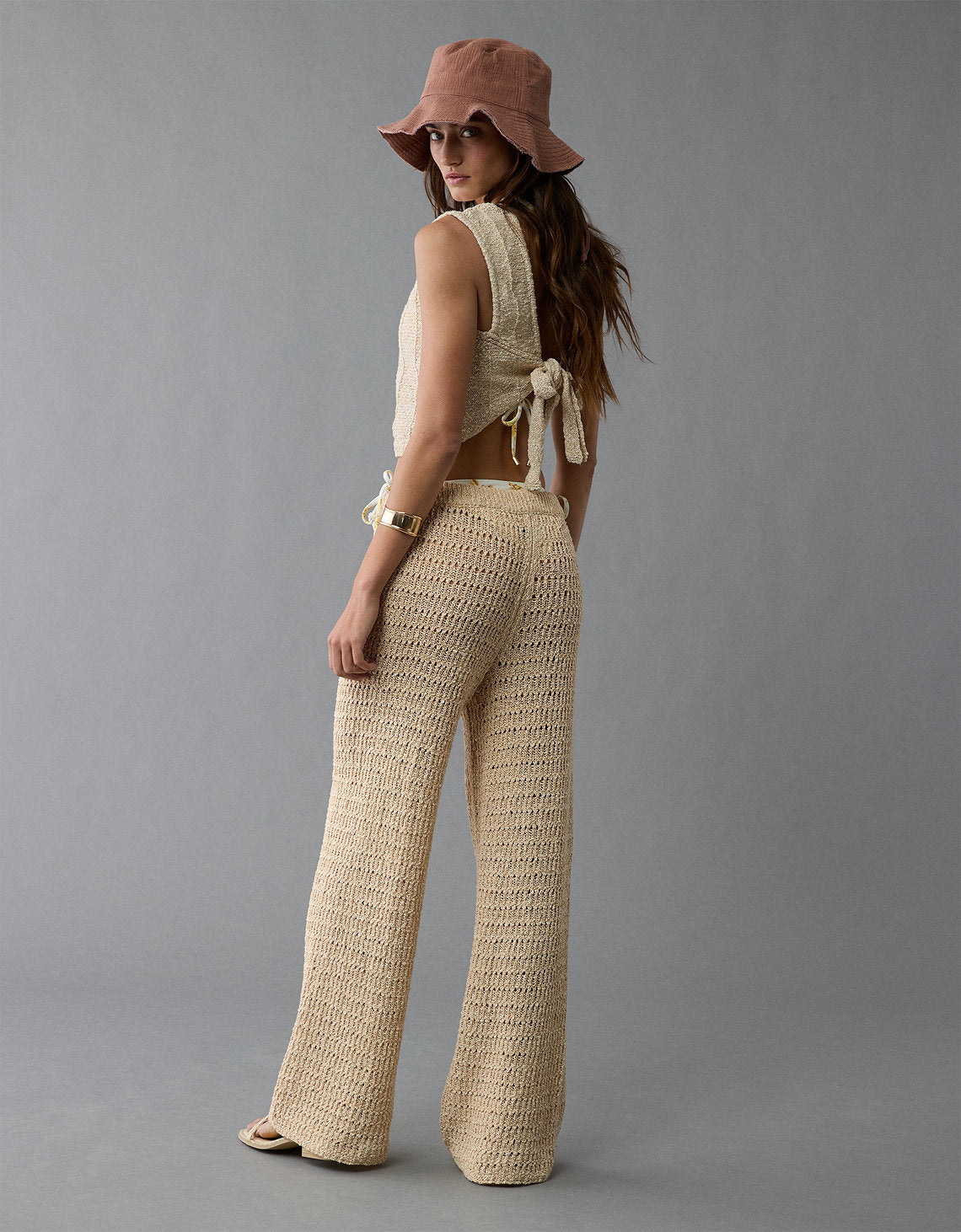 Pantalón acampanado de crochet de cintura alta de AE - Beige 0316_5395_676_ob
