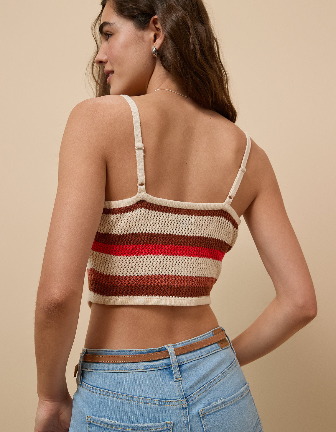 Blusa AE tejida sin mangas de rayas para mujer - Café 0341_1280_200_d2