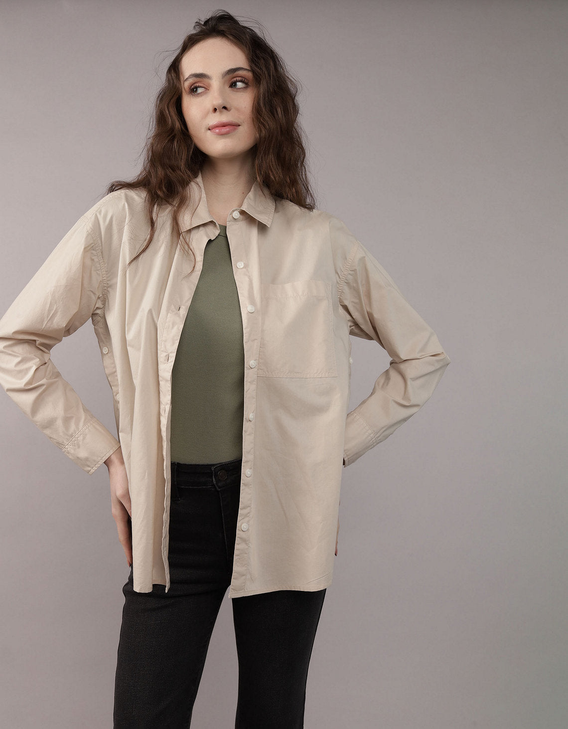 Camisa Clásica de Botones Corte Perfecto para Mujer - Beige 0355_6093_676_of