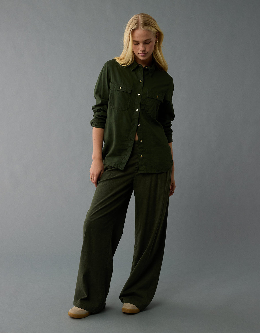 Camisa manga larga de botones de mujer AE - Verde 0355_6127_300_os