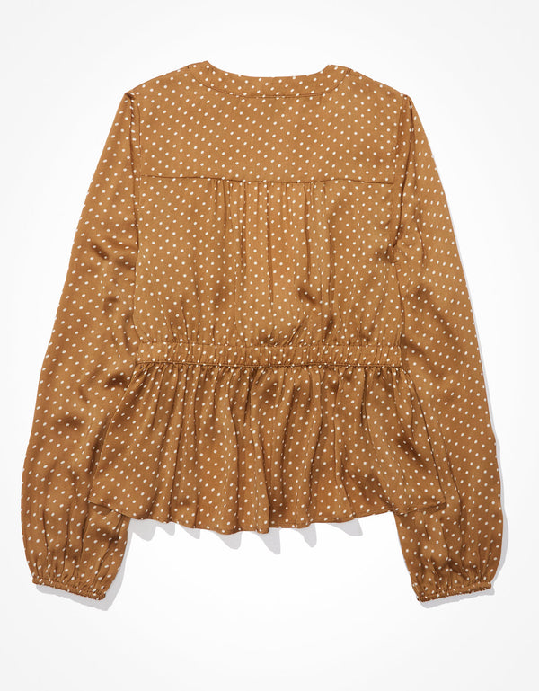 Blusa de seda AE de manga larga. - Café