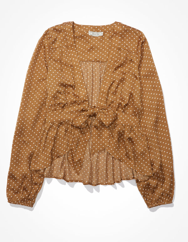 Blusa de seda AE de manga larga. - Café