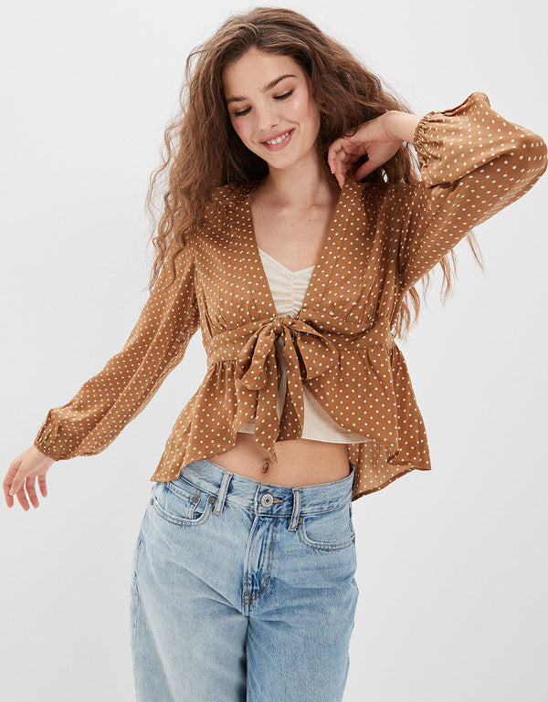 Blusa de seda AE de manga larga. - Café