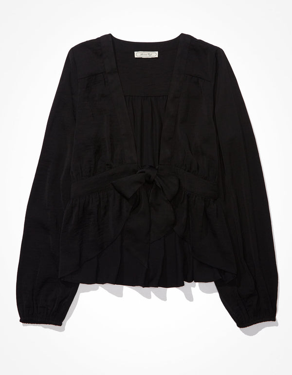 Blusa de seda AE de manga larga. - Negro