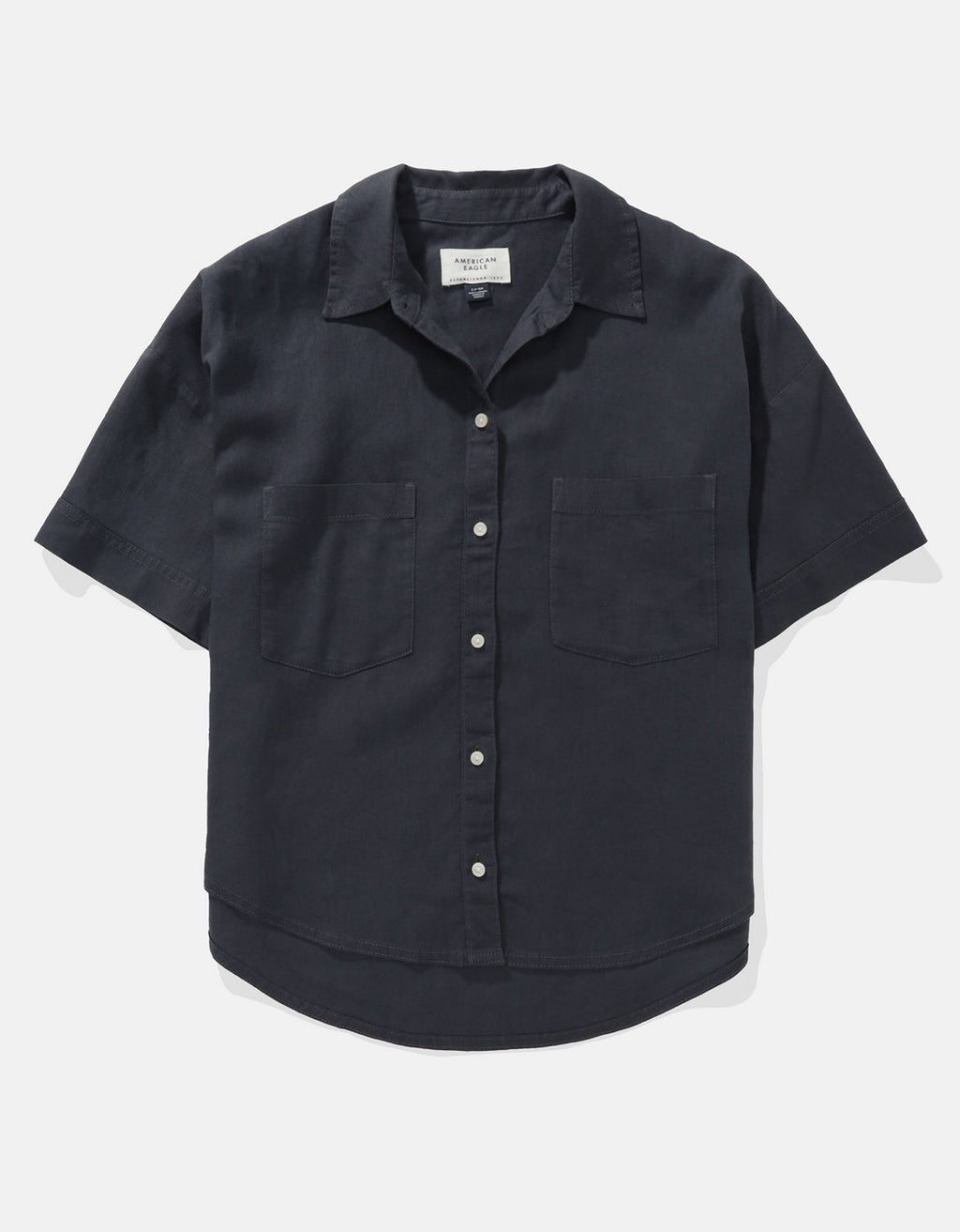 Camisa de Lino con Botones y Manga Corta para Mujer - Azul 0358_6065_410_f