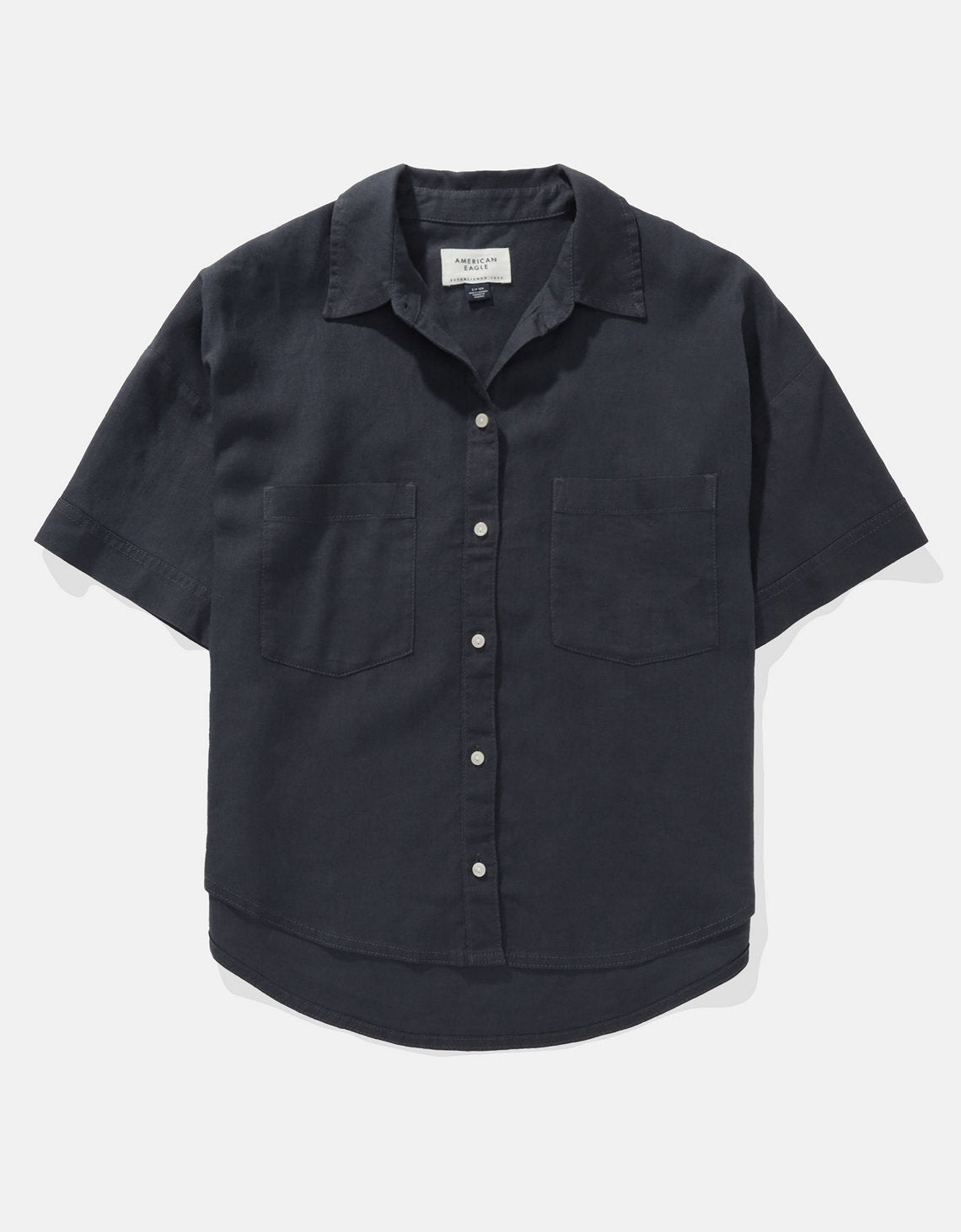 Camisa de Lino con Botones y Manga Corta para Mujer - Azul 0358_6065_410_f