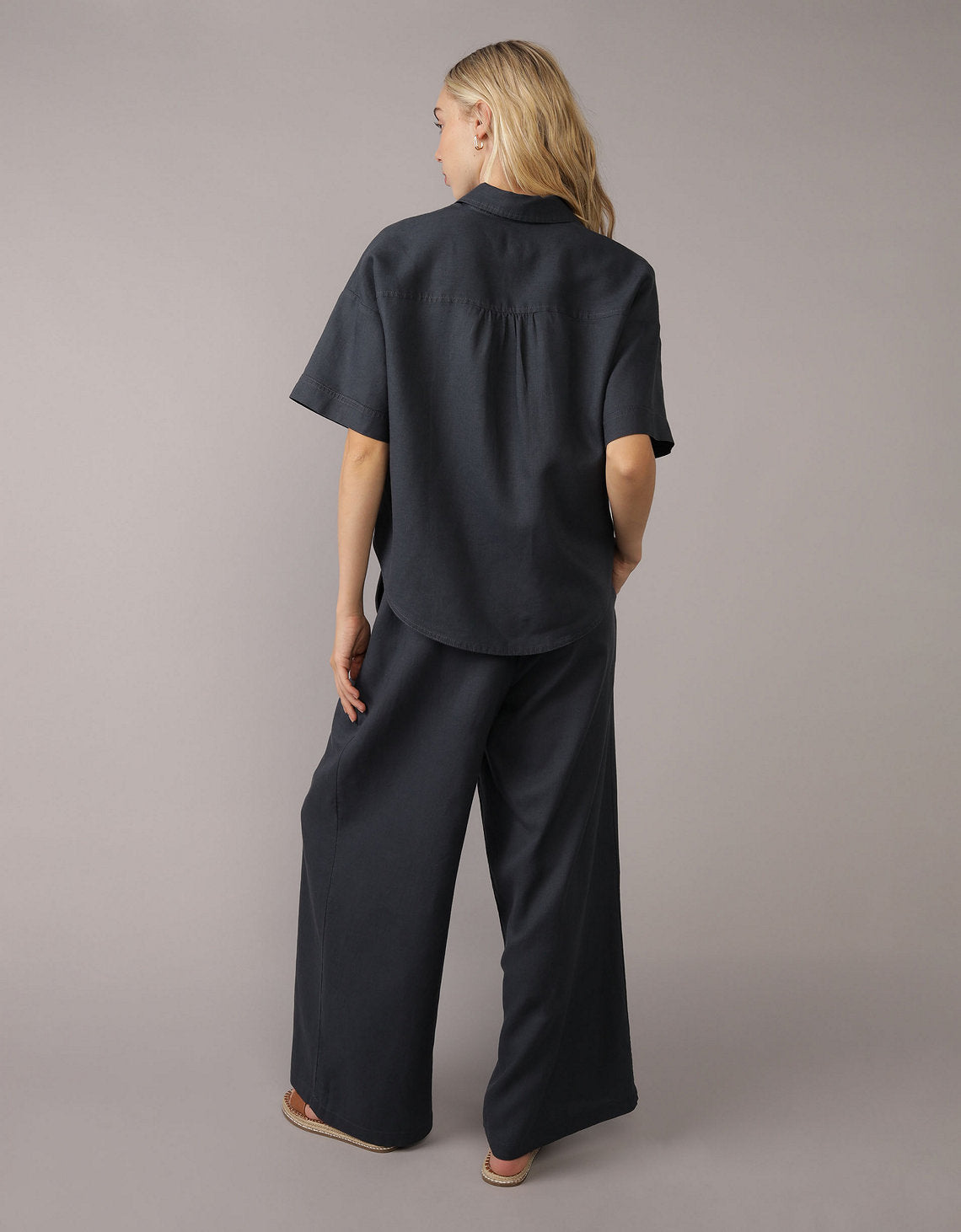 Camisa de Lino con Botones y Manga Corta para Mujer - Azul 0358_6065_410_ob