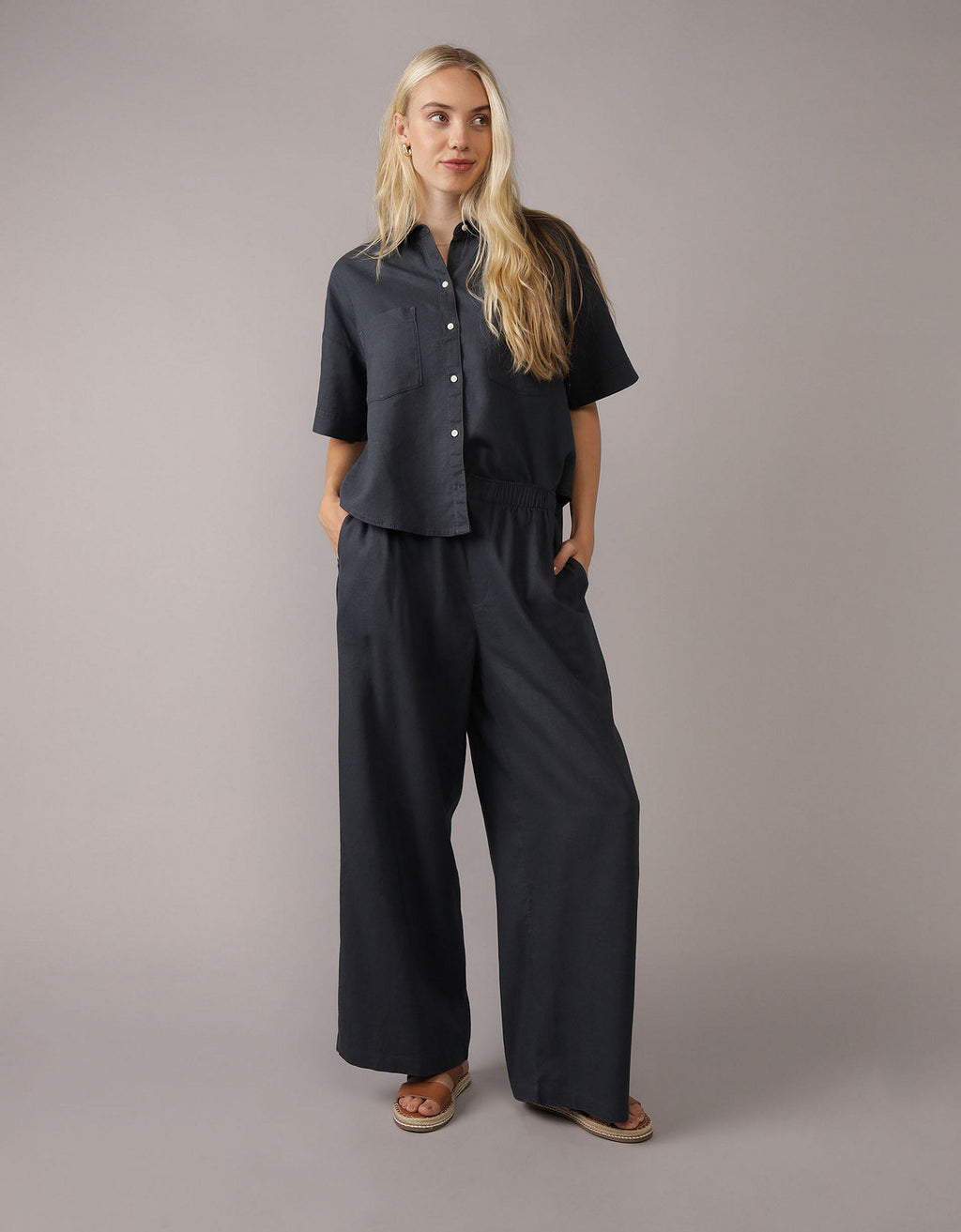 Camisa de Lino con Botones y Manga Corta para Mujer - Azul 0358_6065_410_of