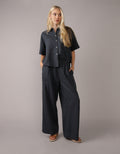 Camisa de Lino con Botones y Manga Corta para Mujer - Azul 0358_6065_410_of