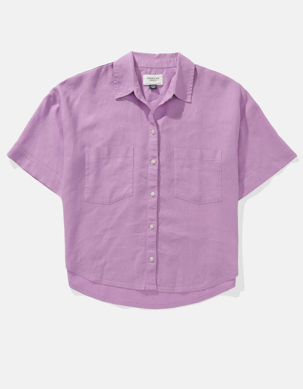 Camisa de Lino con Botones y Manga Corta para Mujer - Morado