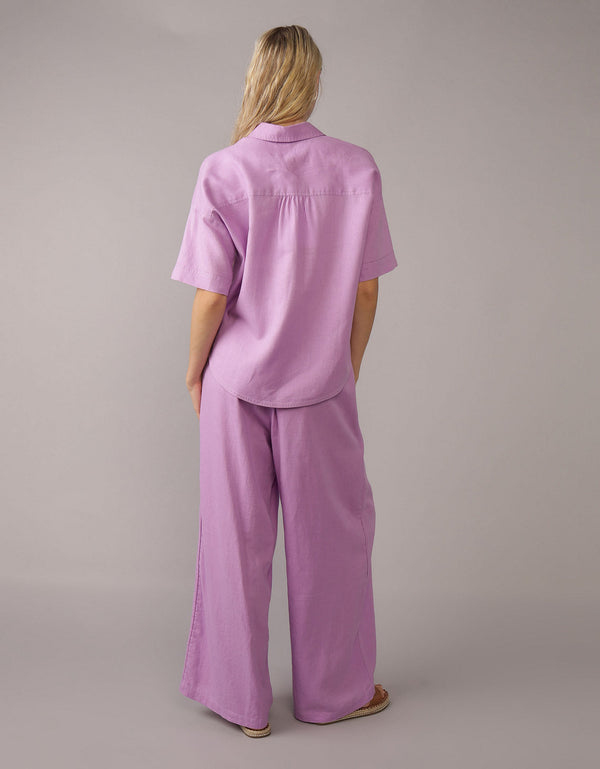 Camisa de Lino con Botones y Manga Corta para Mujer - Morado
