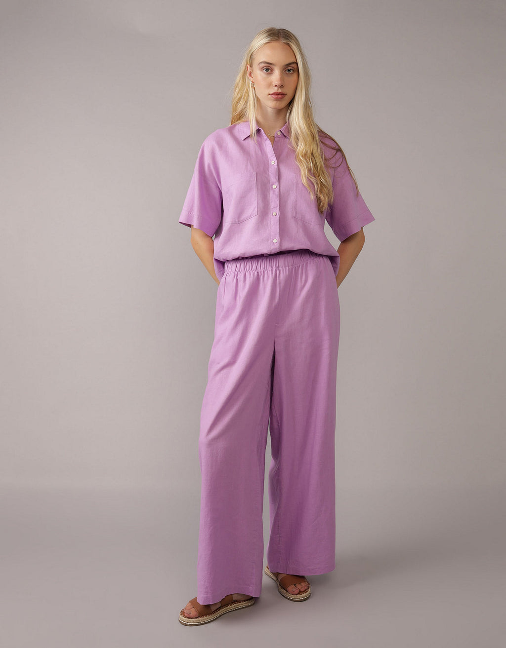 Camisa de Lino con Botones y Manga Corta para Mujer - Morado 0358_6065_500_of