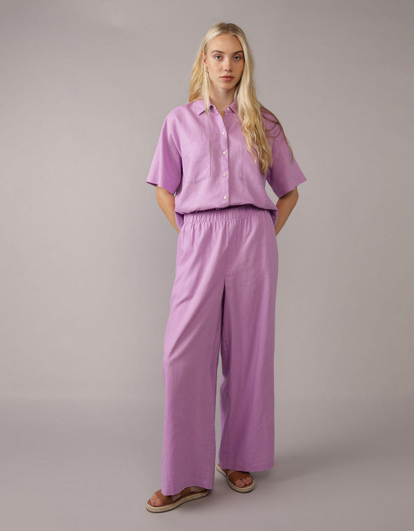 Camisa de Lino con Botones y Manga Corta para Mujer - Morado