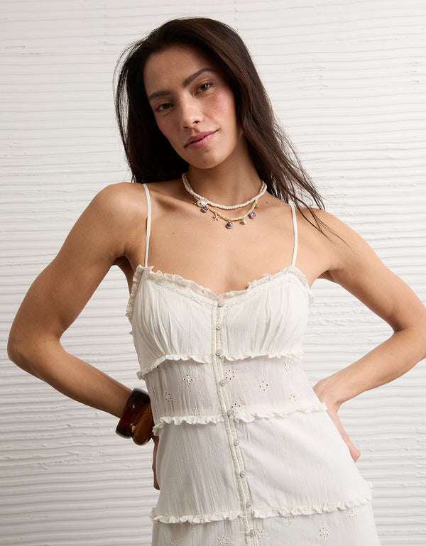 Vestido midi abotonado con volantes de AE - Blanco
