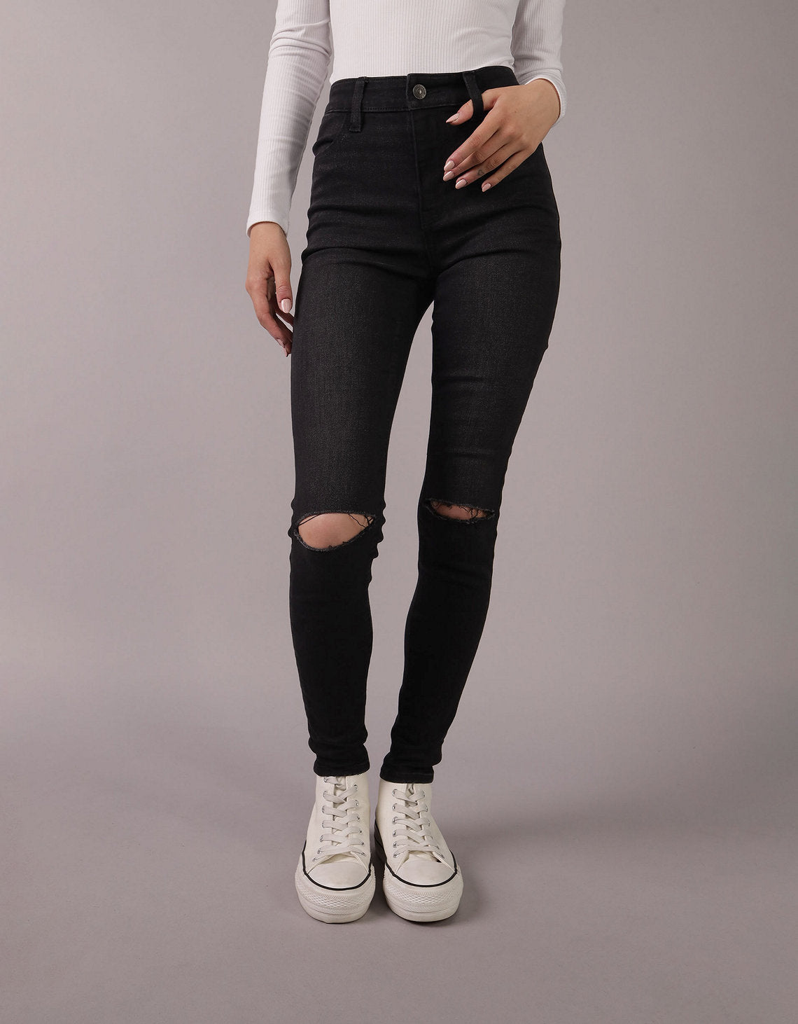 Jegging de talle alto rasgado de mujer AE - Negro 0433_5425_001_of