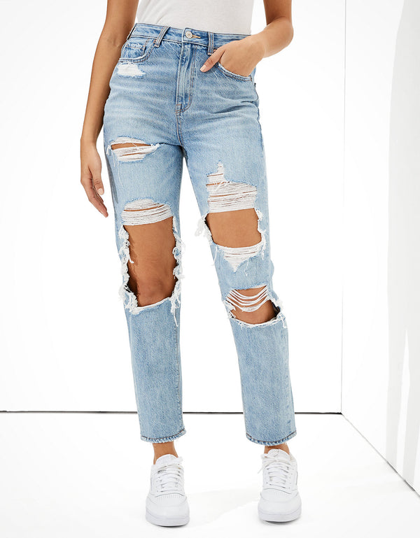 Jean Mom con Rotos Ae - Azul