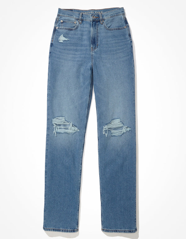 Jean Baggy Straight con Rotos Tiro Alto Ae - Azul