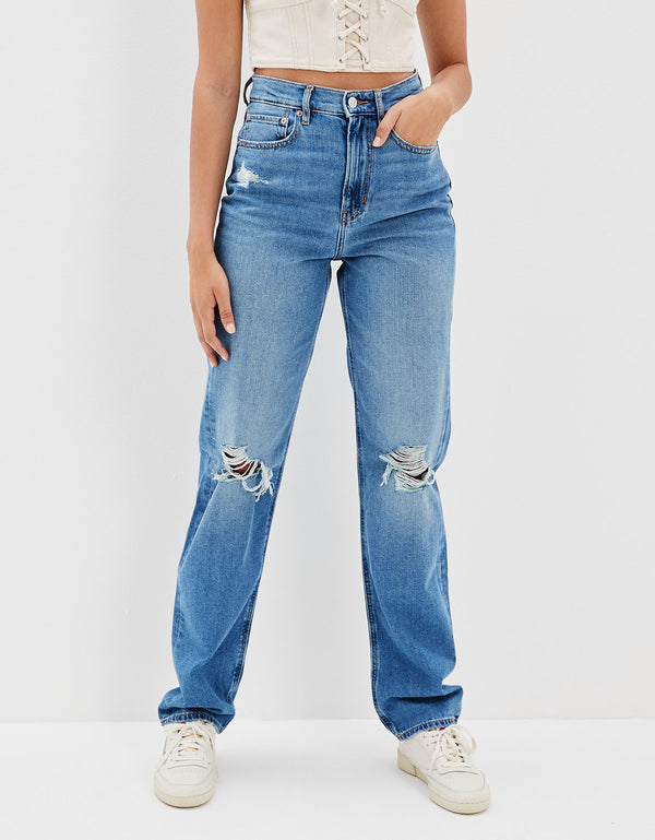 Jean Baggy Straight con Rotos Tiro Alto Ae - Azul