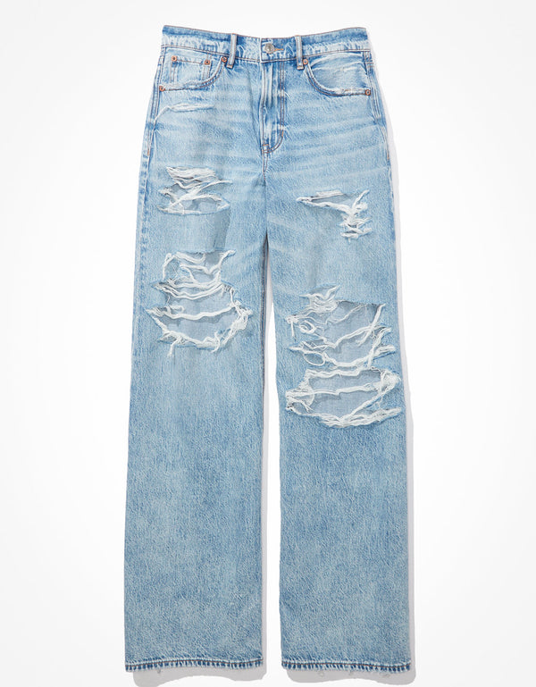 Jeans Ae holgados de pernera ancha y cintura súper alta rasgados Dreamy Drape - Azul