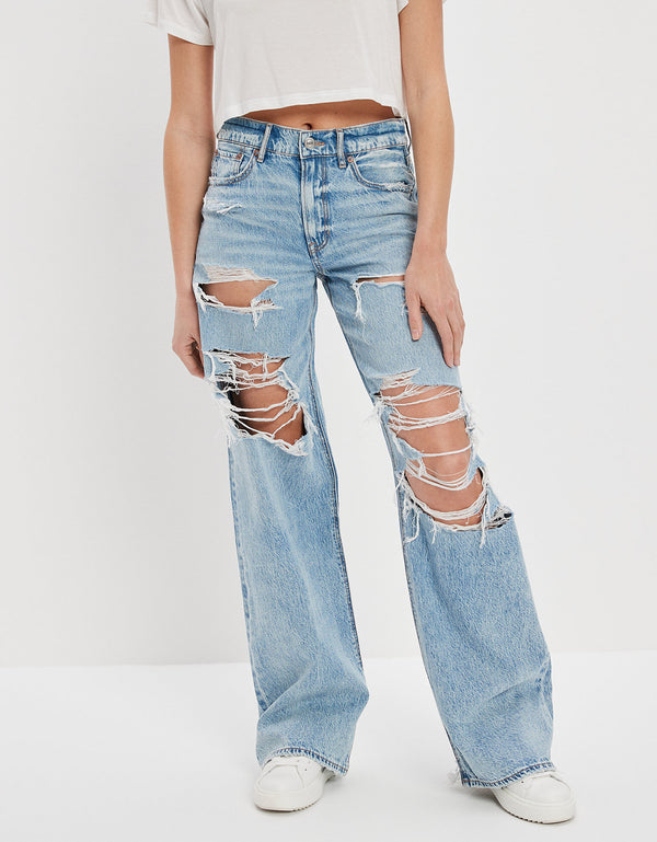 Jeans Ae holgados de pernera ancha y cintura súper alta rasgados Dreamy Drape - Azul