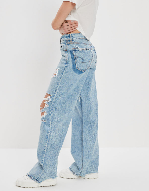 Jeans Ae holgados de pernera ancha y cintura súper alta rasgados Dreamy Drape - Azul