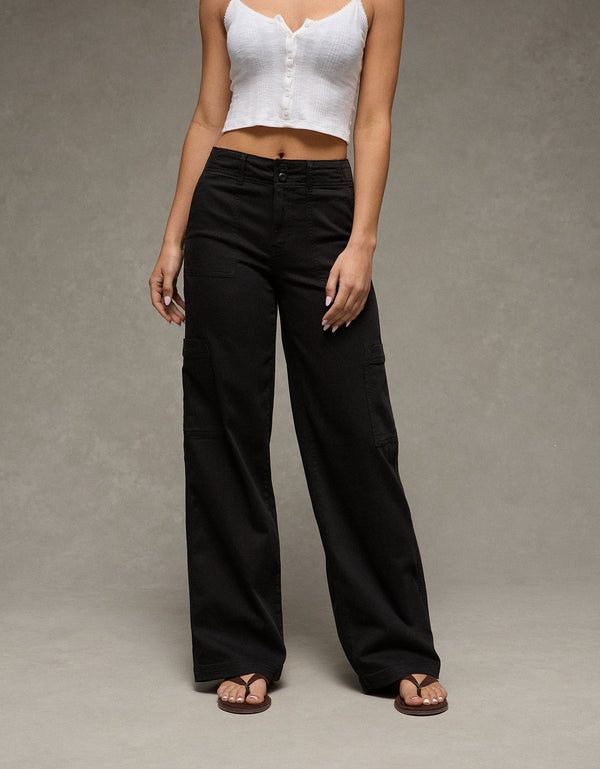 Pantalón Cargo de Pierna Ancha y Súper Cintura Alta Ae Stretch - Negro