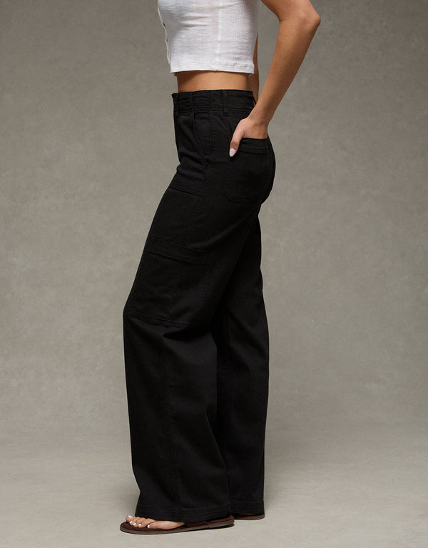 Pantalón Cargo de Pierna Ancha y Súper Cintura Alta Ae Stretch - Negro