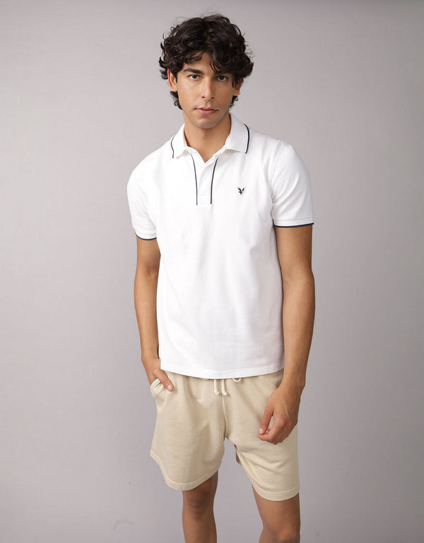 Polo de Piqué Elástico con Apariencia Desgastada para Hombre - Blanco