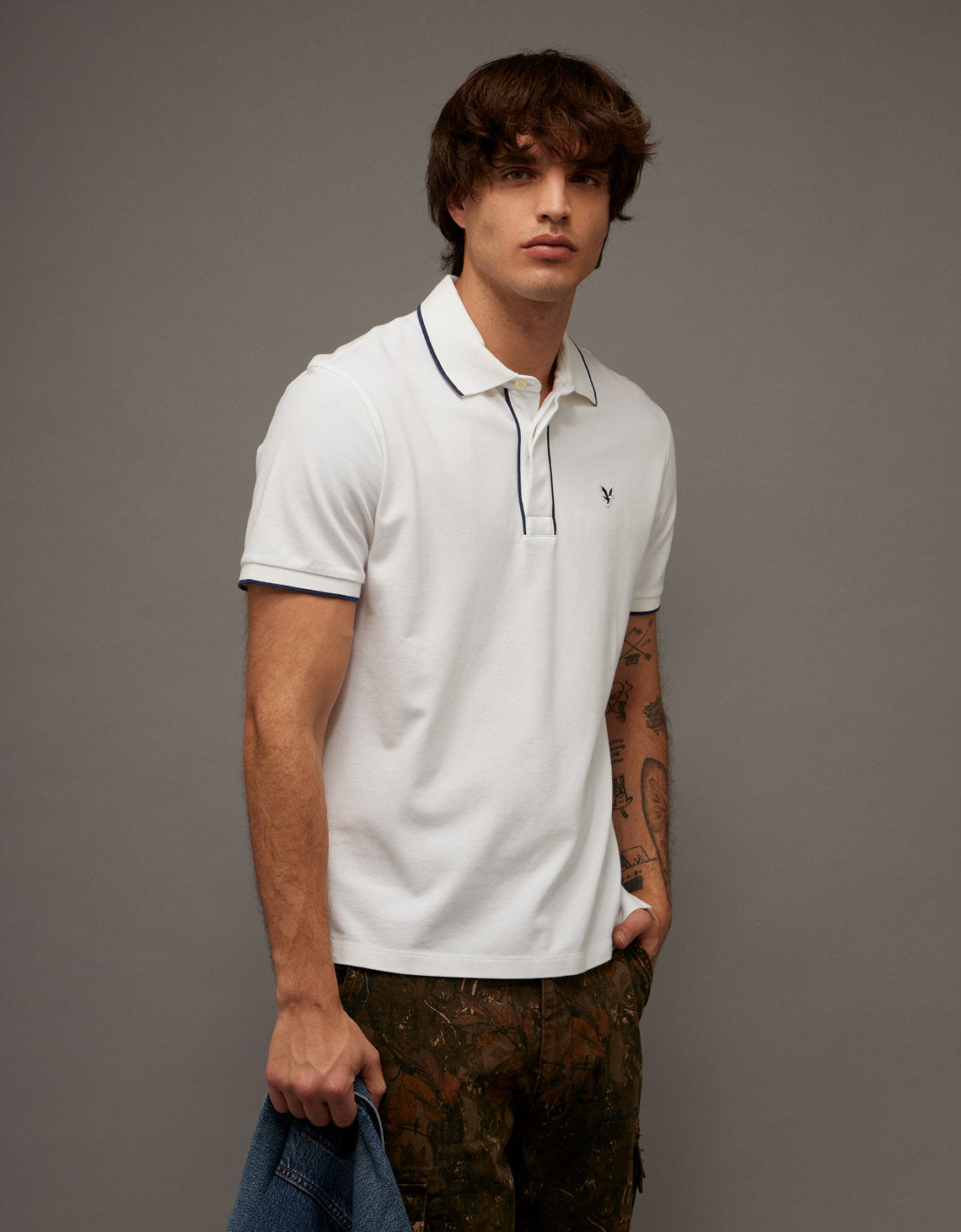 Polo de Piqué Elástico con Apariencia Desgastada para Hombre - Blanco 1165_4559_110_of