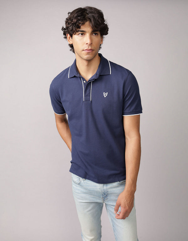 Polo de Piqué Elástico con Apariencia Desgastada para Hombre - Azul