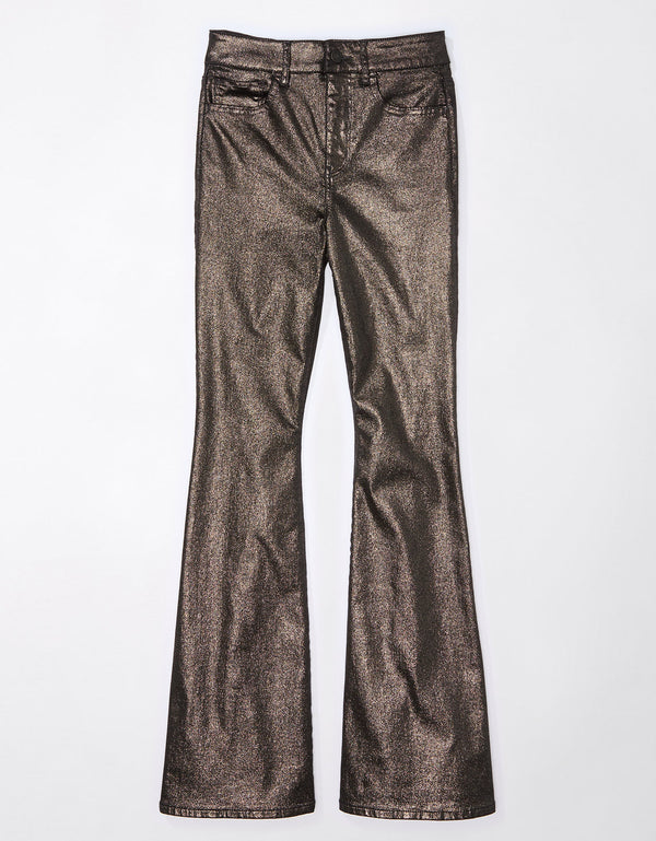 Pantalón AE Flare de cuero vegano con elástico de tiro alto - Plateado