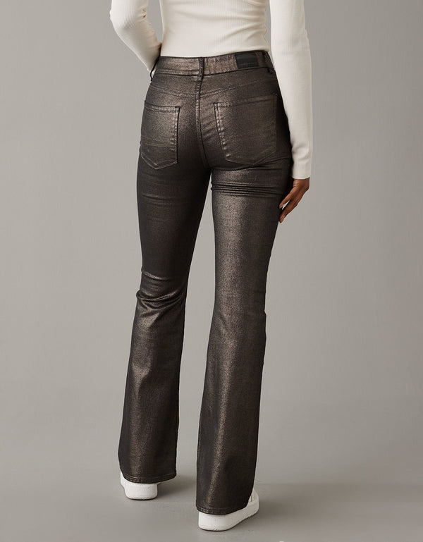 Pantalón AE Flare de cuero vegano con elástico de tiro alto - Plateado