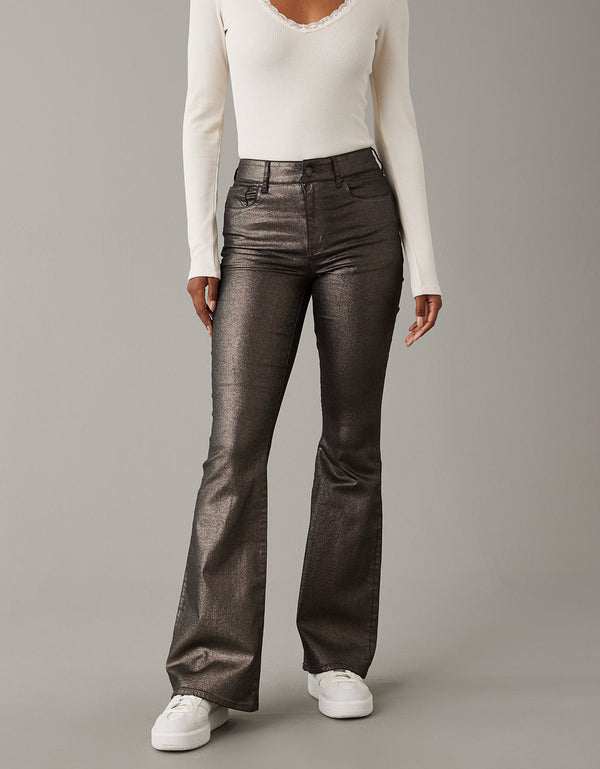 Pantalón AE Flare de cuero vegano con elástico de tiro alto - Plateado