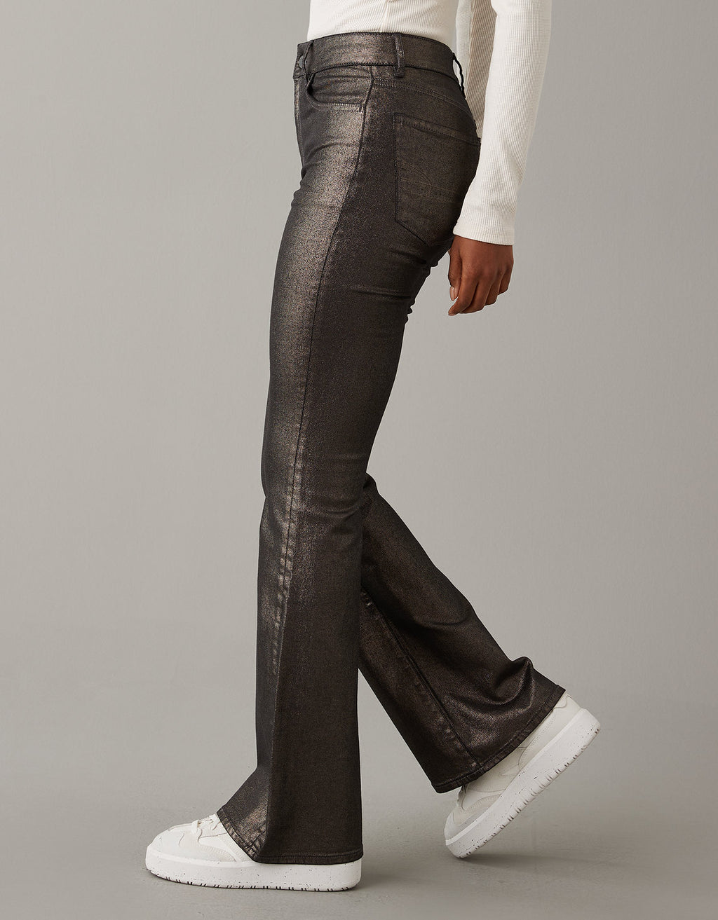 Pantalón AE Flare de cuero vegano con elástico de tiro alto - Plateado 1325_5055_013_os