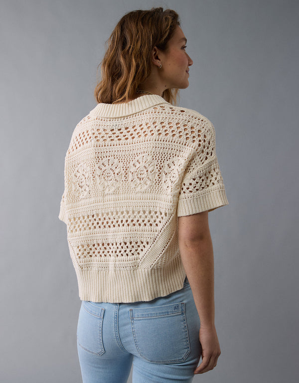 Suéter polo abotonado de crochet para mujer - Generico