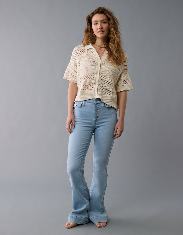 Suéter polo abotonado de crochet para mujer - Generico