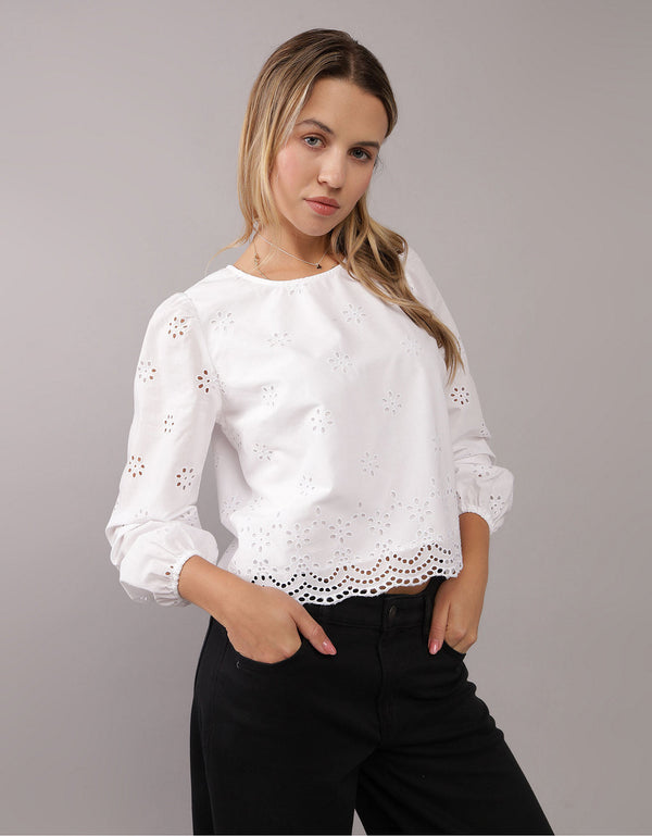 Camisa Manga Larga cuello redondo Mujer AE - Blanco