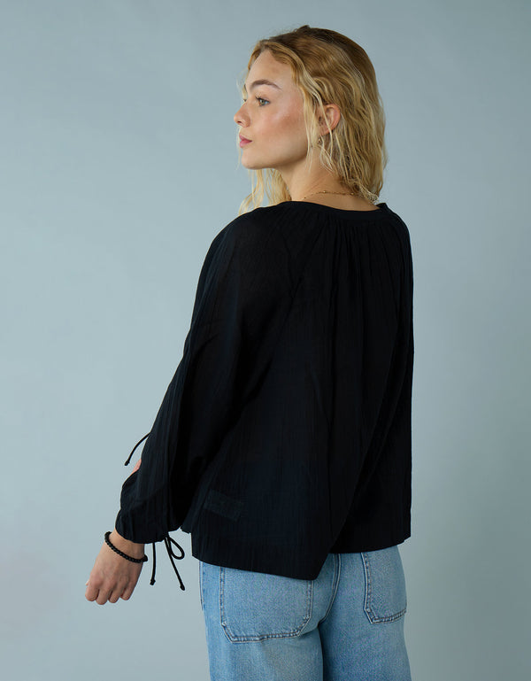 Blusa de Botones con Mangas de Lazo para Mujer - Negro