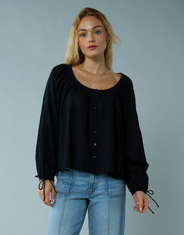 Blusa de Botones con Mangas de Lazo para Mujer - Negro