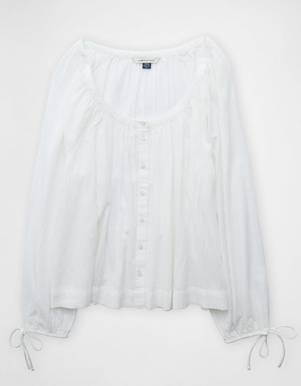 Blusa de Botones con Mangas de Lazo para Mujer - Blanco