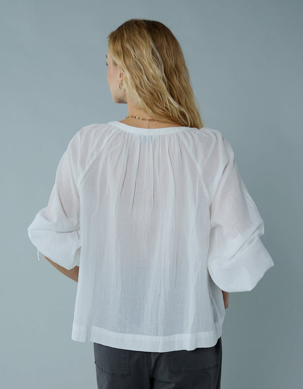 Blusa de Botones con Mangas de Lazo para Mujer - Blanco