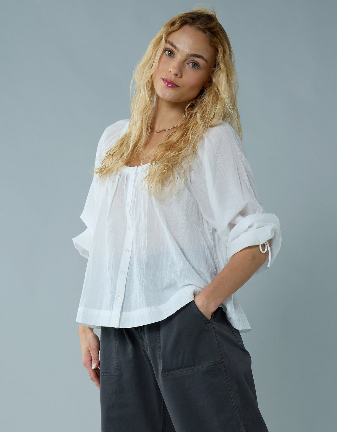 Blusa de Botones con Mangas de Lazo para Mujer - Blanco 2351_6135_100_of